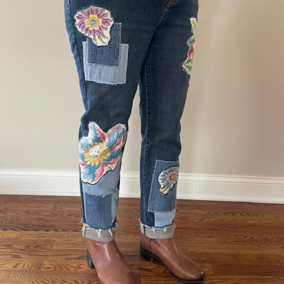 Upcycled, Reworked Applique Floral & Denim Patches, Talbot Jeans, SZ 12 Petite. - Picture 3 of 12